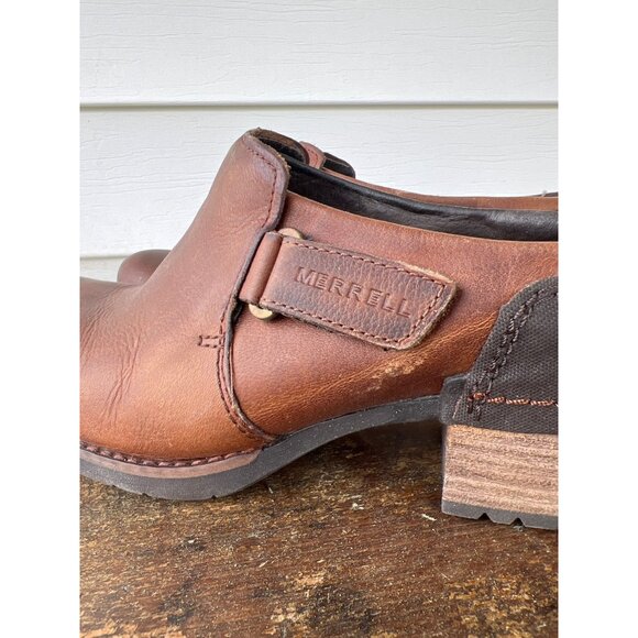 Merrell Womens Brown Leather Slip-On Clogs With Block Heel & Rubber Sole Size 8 - Picture 3 of 7